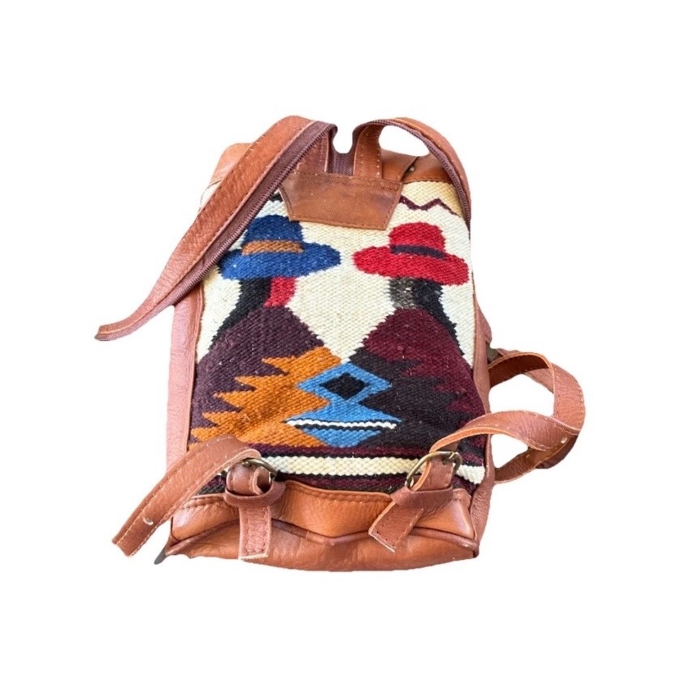 Leather &Woven Woolen Textile Small Backpack Crossbody Bag — Brown, Boho Vintago - Picture 3 of 14